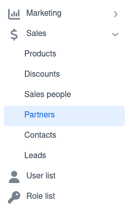 Navigation menu with the “Sales” group expanded and the “Partners” page open